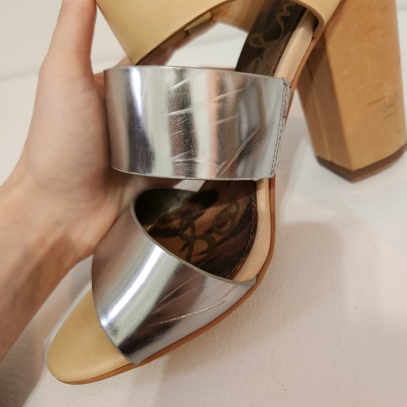 Sam Edelman "Yelena" Metallic Mirror Strap Nude Chunky Block Heels - Picture 7 of 12